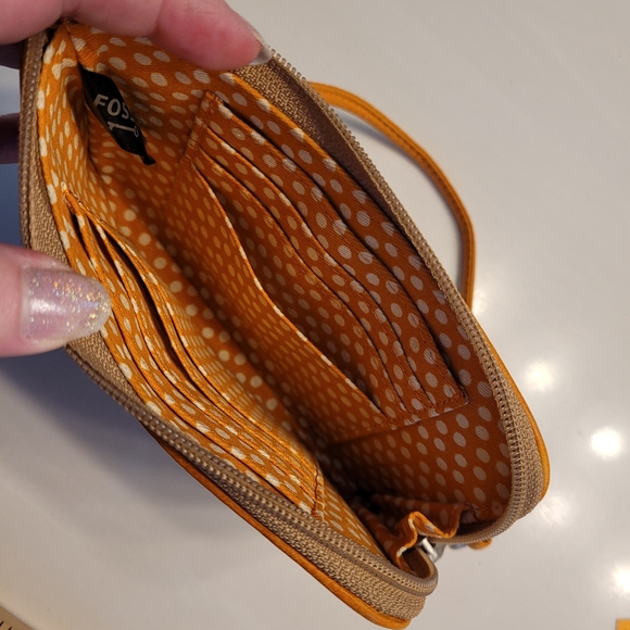 FOSSIL CLUTCH "Flower & Sunshine" Light Brown Leather w/ Pink, Orange, & Cream - Picture 7 of 12